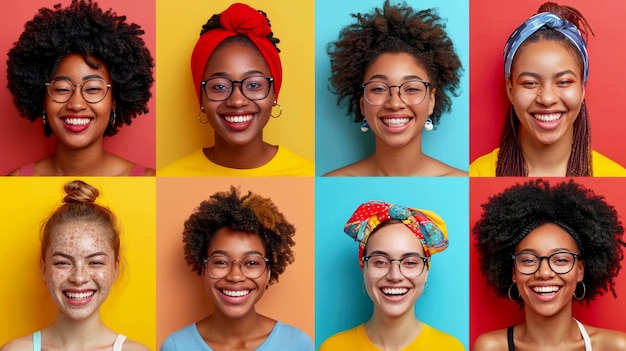 Retrato conjunto de hermosas mujeres afroamericanas sonriendo a la cámara aisladas sobre un fondo colorido