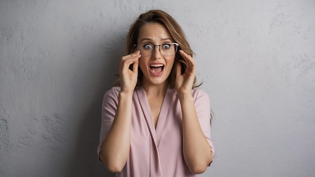 Foto retrato conmocionado y emocionado de una mujer elegante y guapa quitándose las gafas jadeando dejando caer j