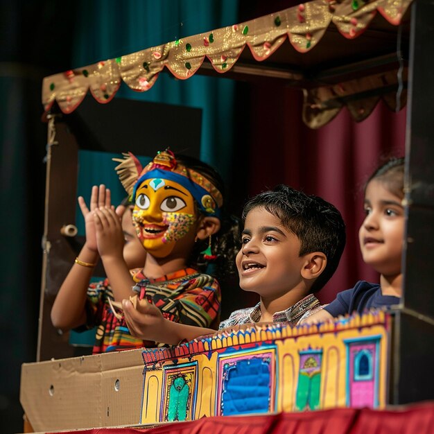 Foto retrato de contadores de cuentos de marionetas niños tejiendo cuentos con marionetas