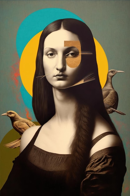 Retrato contemporáneo abstracto de mona lisa con arte pop estampado moderno y pintura en la cara Diseño moderno de collage de arte brillante colorido y conceptual Generado por IA