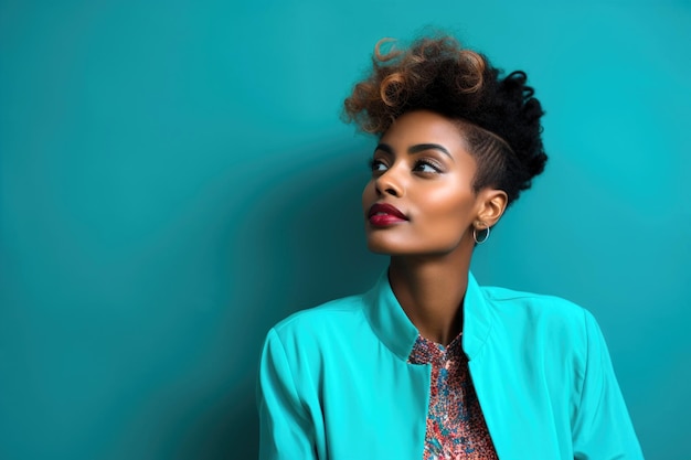 retrato contemporáneo de una elegante mujer afroamericana contra un fondo azulado