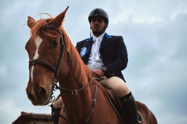 Retrato contrapicado de un jinete y su caballo frente a un cielo azul