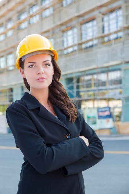 Retrato de una contratista con casco en el sitio de construcción