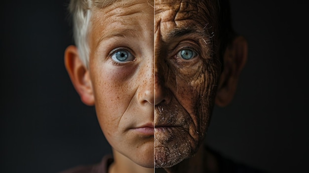 Un retrato convincente que fusiona la juventud y la vejez que simboliza el viaje de la vida.