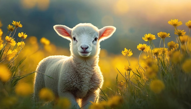 Retrato de un cordero blanco en el campo con flores amarillas Animal doméstico telón de fondo borroso