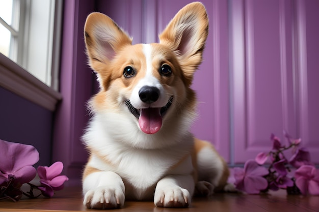 Retrato del Corgi púrpura majestuoso canino