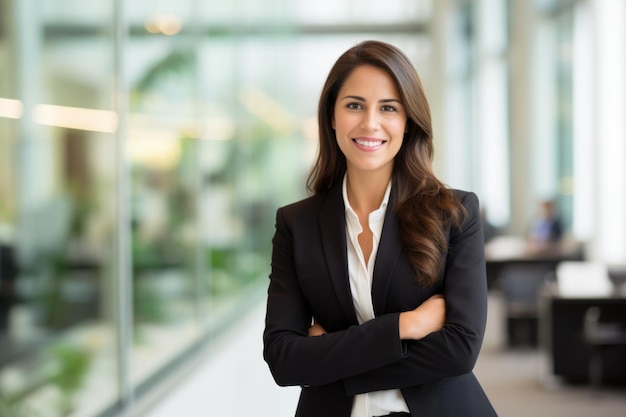 Retrato corporativo mujer caucásica confiada empresaria posando en oficina empresa interior manos