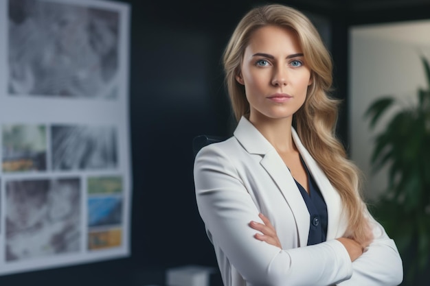 Retrato corporativo mujer empresaria segura europea posando en las manos de la empresa de oficina en el interior