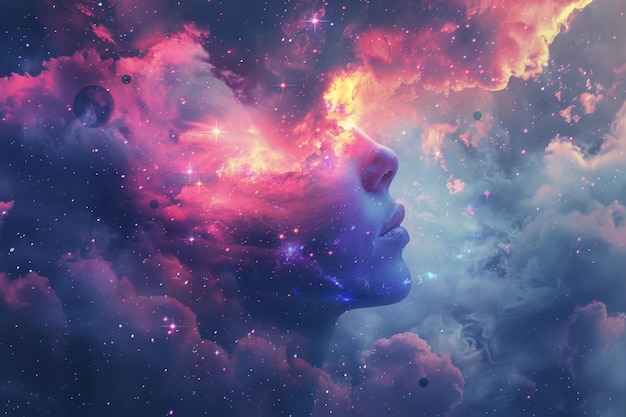 Retrato cósmico de ensueño del rostro de una mujer mezclado con coloridas nebulosas y estrellas contra un fondo espacial oscuro