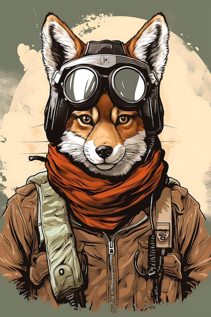 Retrato de un coyote con gorra de aviador con un piloto genial posado por un póster vintage 2D Flat Design Art