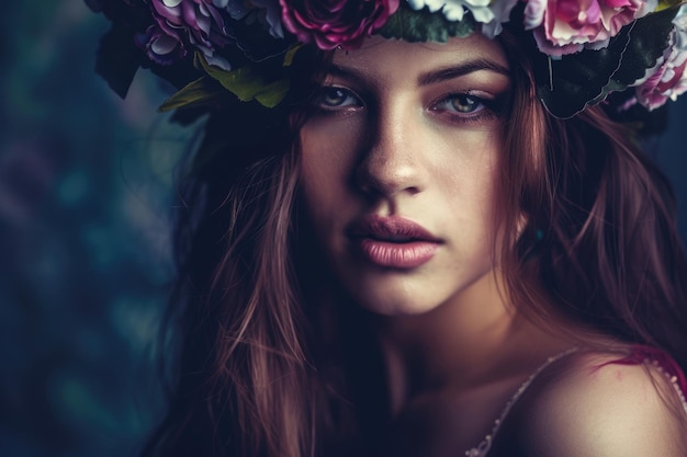 Un retrato creativo y artístico de una mujer joven con una corona de flores en la cabeza