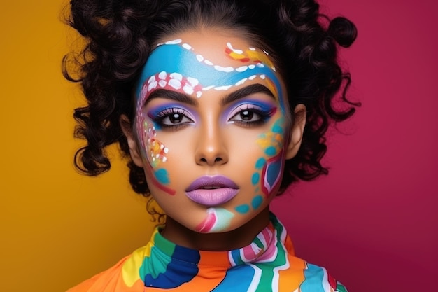 Retrato creativo de una joven española con maquillaje artístico sobre un fondo colorido