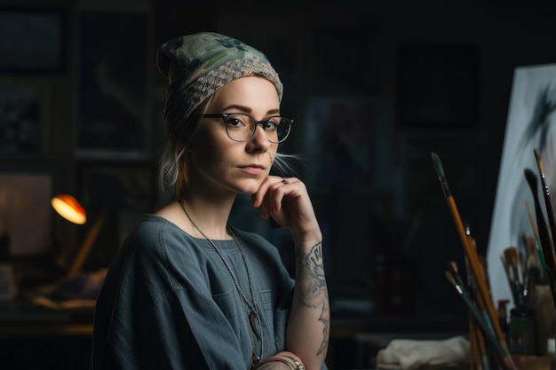 Retrato creativo de una mujer artista en su estudio rodeada de su trabajo y herramientas