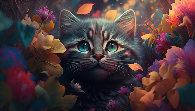 Retrato criativo de um gato fofo usando muitas flores vibrantes Generative Ai