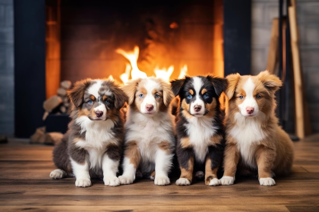 Retrato de cuatro perros sentados en casa y mirando a la cámara