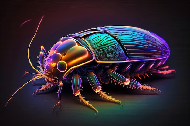 Retrato de cucaracha silbante en colores neón sobre un fondo oscuro ai generativo