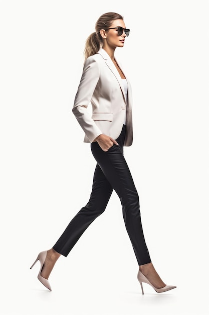 Retrato de cuerpo completo de mujer de negocios caminando recorte aislado en fondo blanco