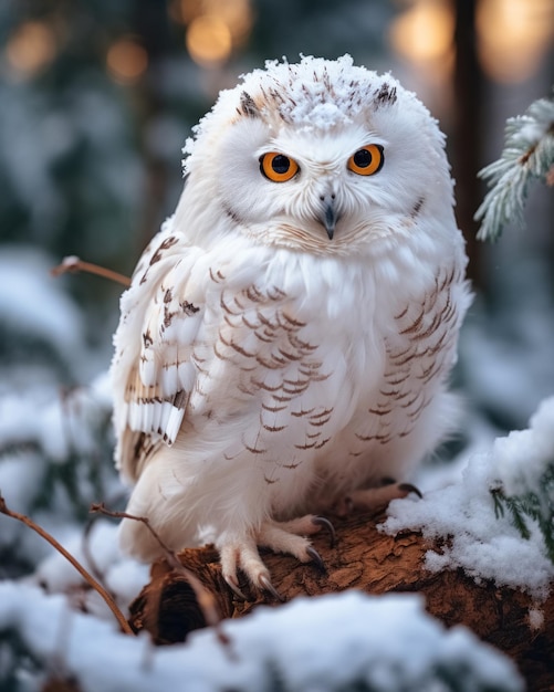 Foto retrato de cuerpo completo en primer plano de pájaro de presa búho de nieve blanco en la rama de un árbol en la nieve acorralada del bosque