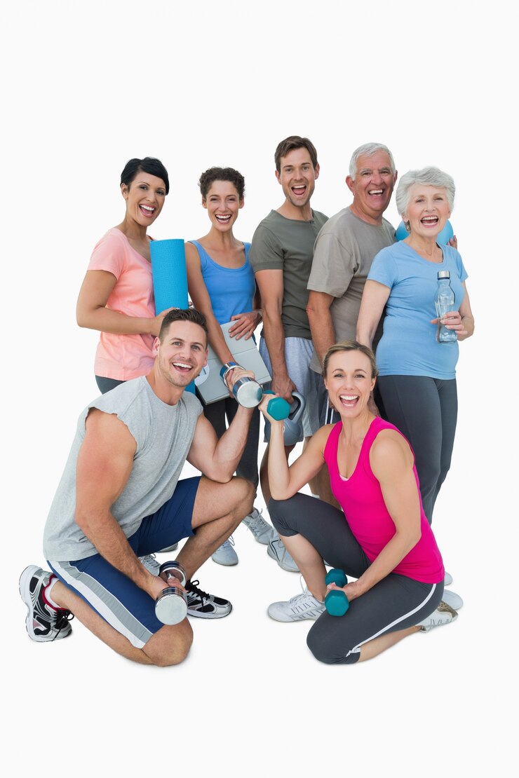 Foto retrato de cuerpo entero de la clase de fitness feliz