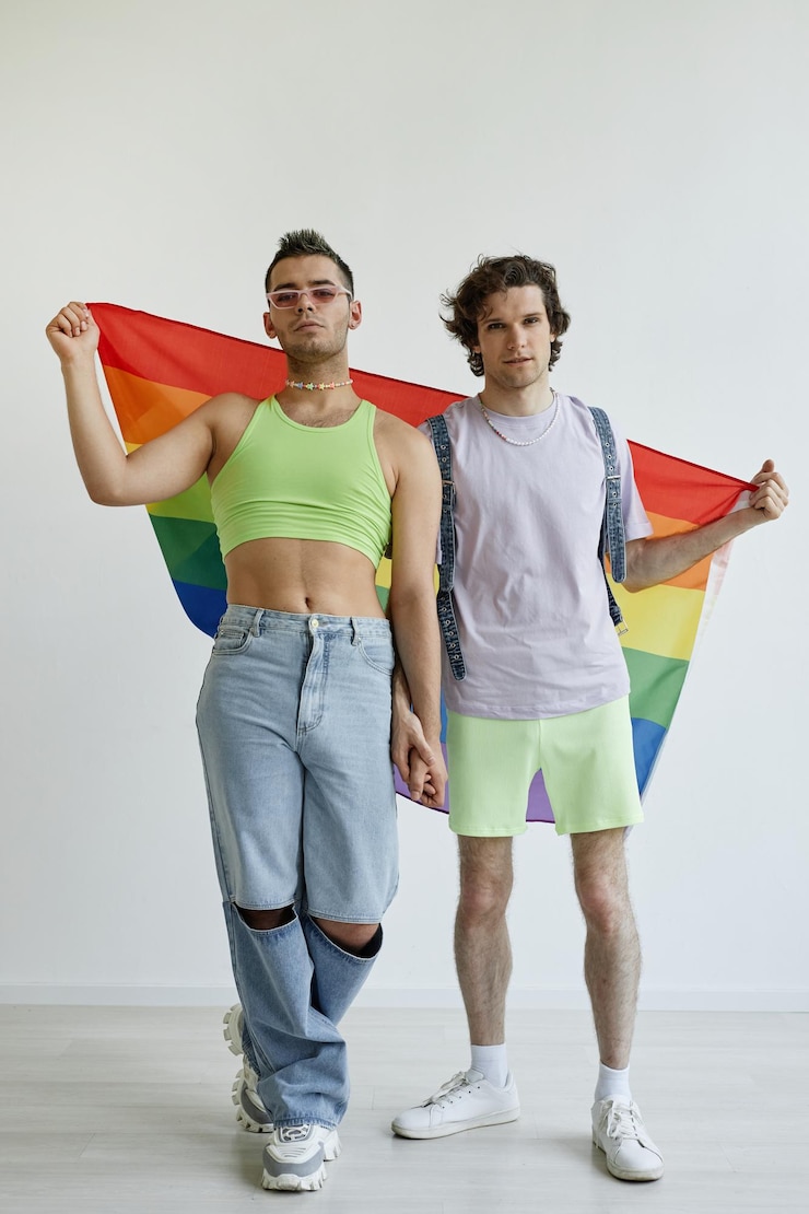 Foto retrato de cuerpo entero de dos hombres homosexuales tomados de la mano posando con la bandera del orgullo contra el fondo blanco.