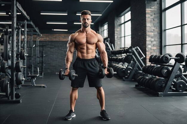 Retrato de cuerpo entero de un hombre atlético sin camisa haciendo ejercicios de bíceps con pesas en un club de gimnasia