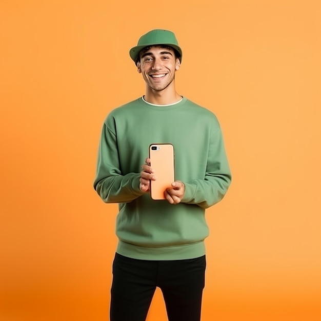 Foto retrato de cuerpo entero de un joven sonriente de unos 20 años con sudor naranja