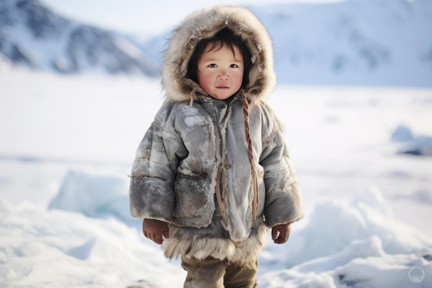 Retrato de cuerpo entero de un niño inuit en Alaska