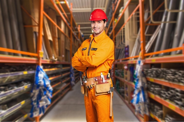 Retrato de cuerpo entero de un trabajador, aislado en blanco