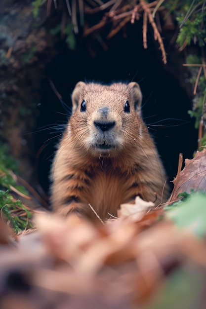 Retrato de una curiosa marmota que emerge de su madriguera rodeada de hojas de otoño