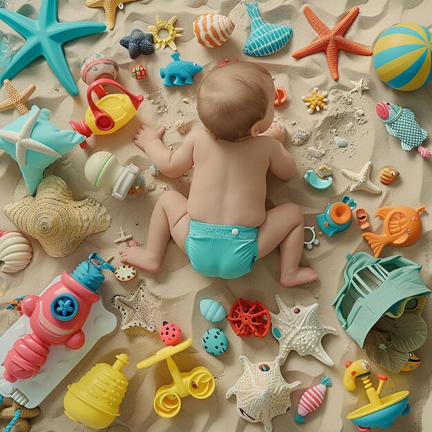 Foto retrato da aventura de bebês na praia brilhante