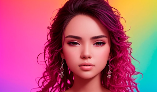 Retrato da beleza de uma jovem com cabelo encaracolado Menina com cabelo rosa Generative AI