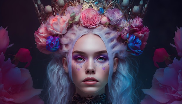 Retrato da beleza de uma mulher deusa rainha em flores Estilo gótico da princesa da primavera Maquiagem de cor brilhante do rosto e olhos pétalas de flores