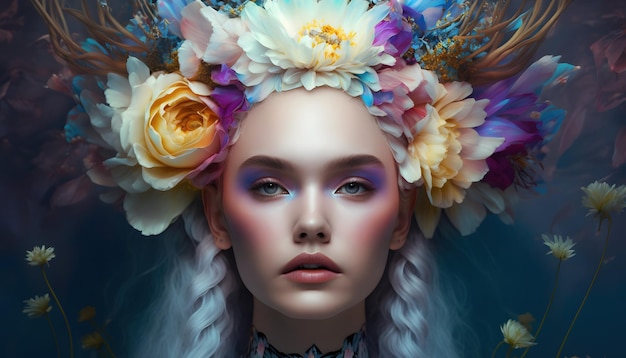 Retrato da beleza de uma mulher deusa rainha em flores estilo gótico da princesa da primavera maquiagem de cor brilhante do rosto e olhos pétalas de flores