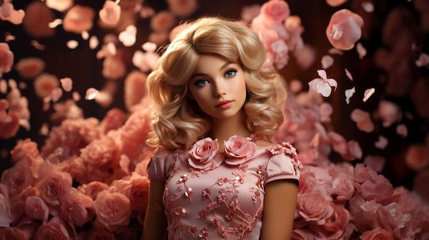 Retrato da boneca Barbie em roupas cor-de-rosa e acessórios de compras e conceito de moda para cartão postal