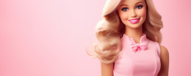 Retrato da boneca barbie menina loira rosa no panorama de mulheres bonitas de fundo rosa claro