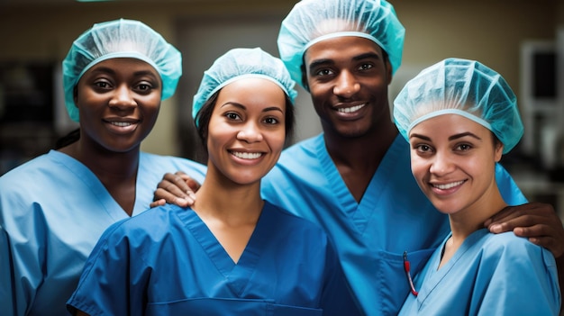 Retrato da equipe cirúrgica multicultural em pé na sala de operações do hospital