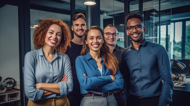 Foto retrato da equipe de negócios rindo em pé na sala do escritório