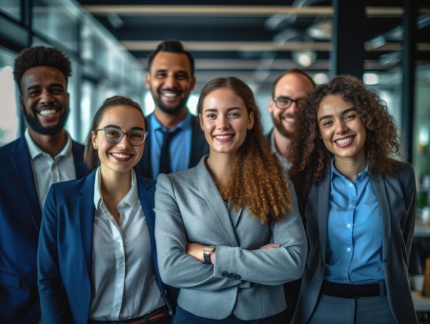 Retrato da equipe de negócios rindo em pé na sala do escritório