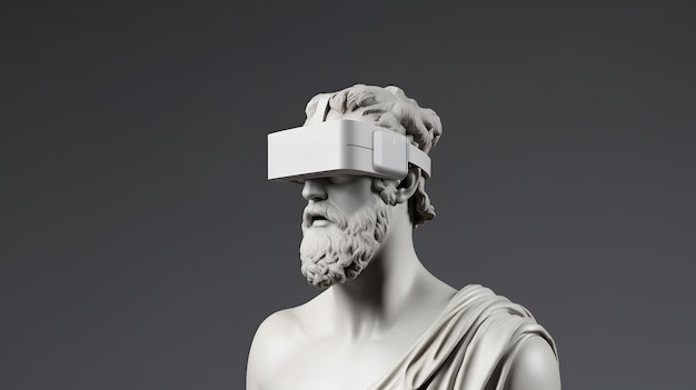 Retrato da estátua do velho grego com fone de ouvido MR isolado no conceito de metaverso de fundo cinza