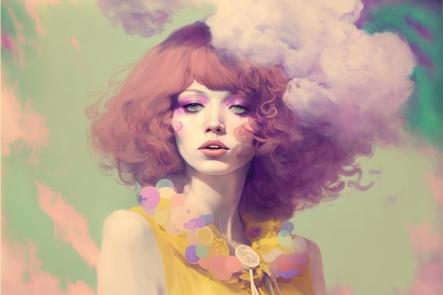 Retrato da linda garota na ilustração do estilo de arte digital de fumaça colorida pintando o conceito de fantasia de uma garota na fumaça colorida
