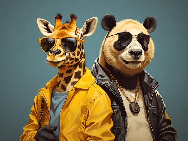 Retrato da moda de um panda e uma girafa em óculos de sol e jaquetas legais retrato de animais selvagens