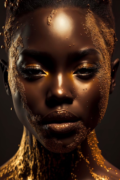 Retrato da moda de uma bela jovem com maquiagem de arte líquida dourada brilhante arte de rosto em fundo escuro AIGenerated
