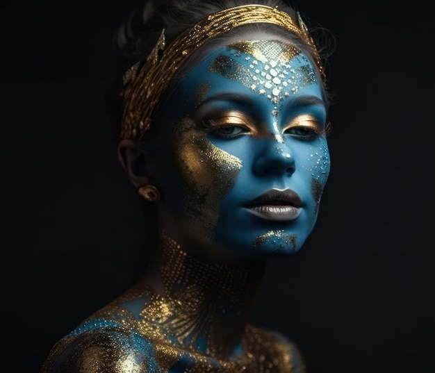 Retrato da moda de uma garota de pele azul com maquiagem dourada e rosto de beleza