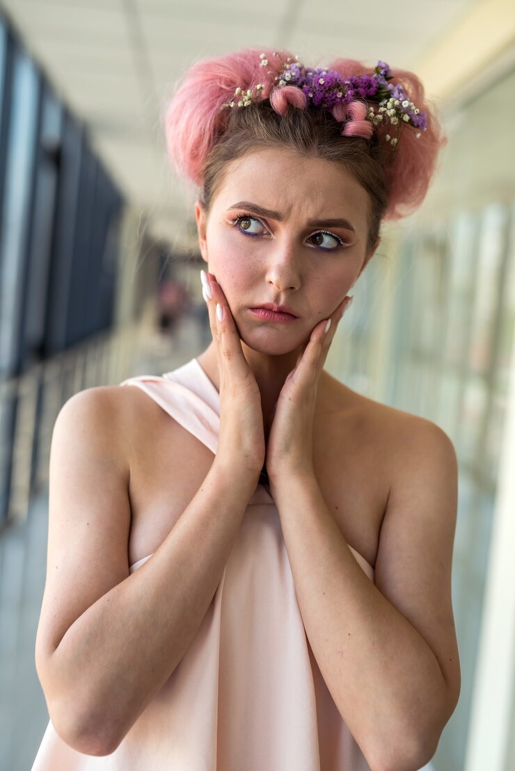 Foto retrato da moda jovem com flores na boca