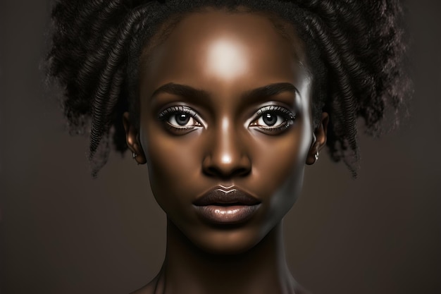 Retrato da moda linda mulher negra com maquiagem natural em iluminação de estúdio escura Ilustração de IA generativa