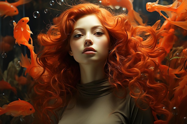 Retrato da moda mulher com imagem surreal de cabelo vermelho com peixes flutuantes Generative Ai