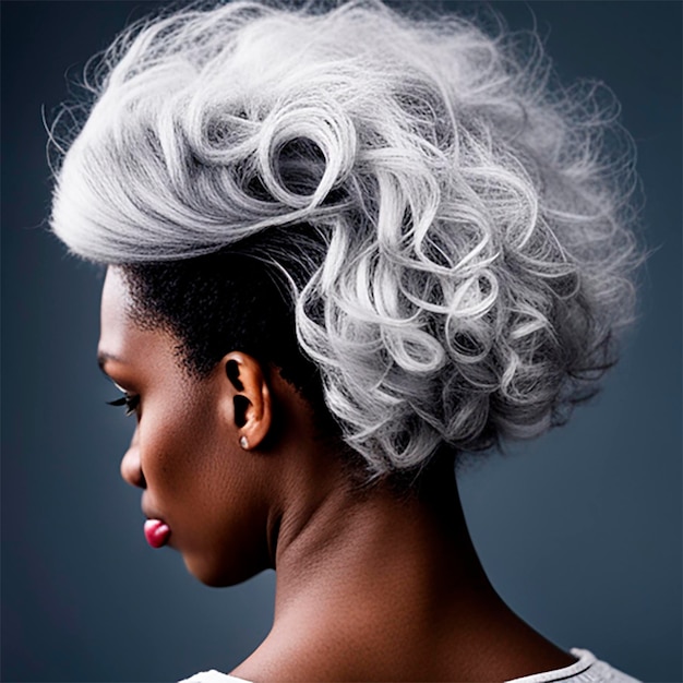 Foto retrato da nuca de uma jovem negra com transição para cabelos grisalhos