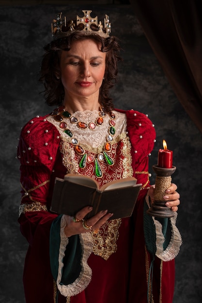 Foto retrato da rainha medieval com livro e vela