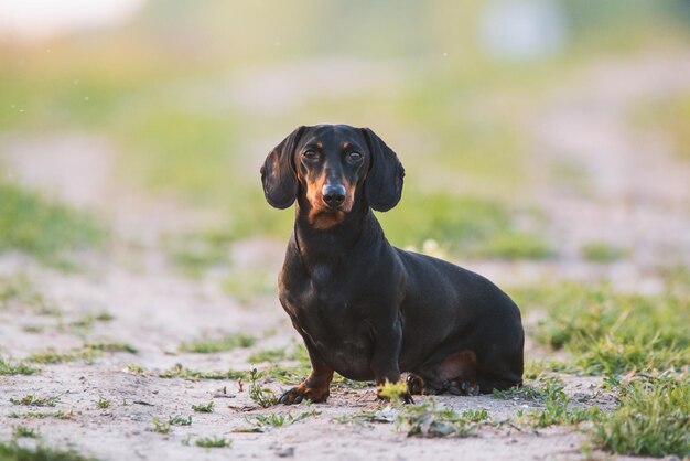 Foto retrato de un dachshund relajándose en el campo