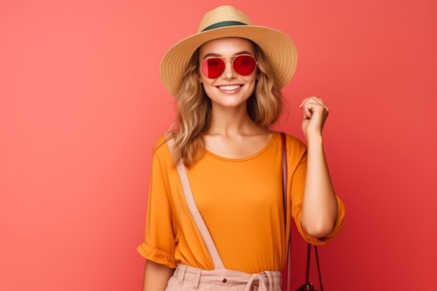 Foto retrato de una dama alegre y bonita con ropa elegante que demuestra el espacio vacío descuento de verano